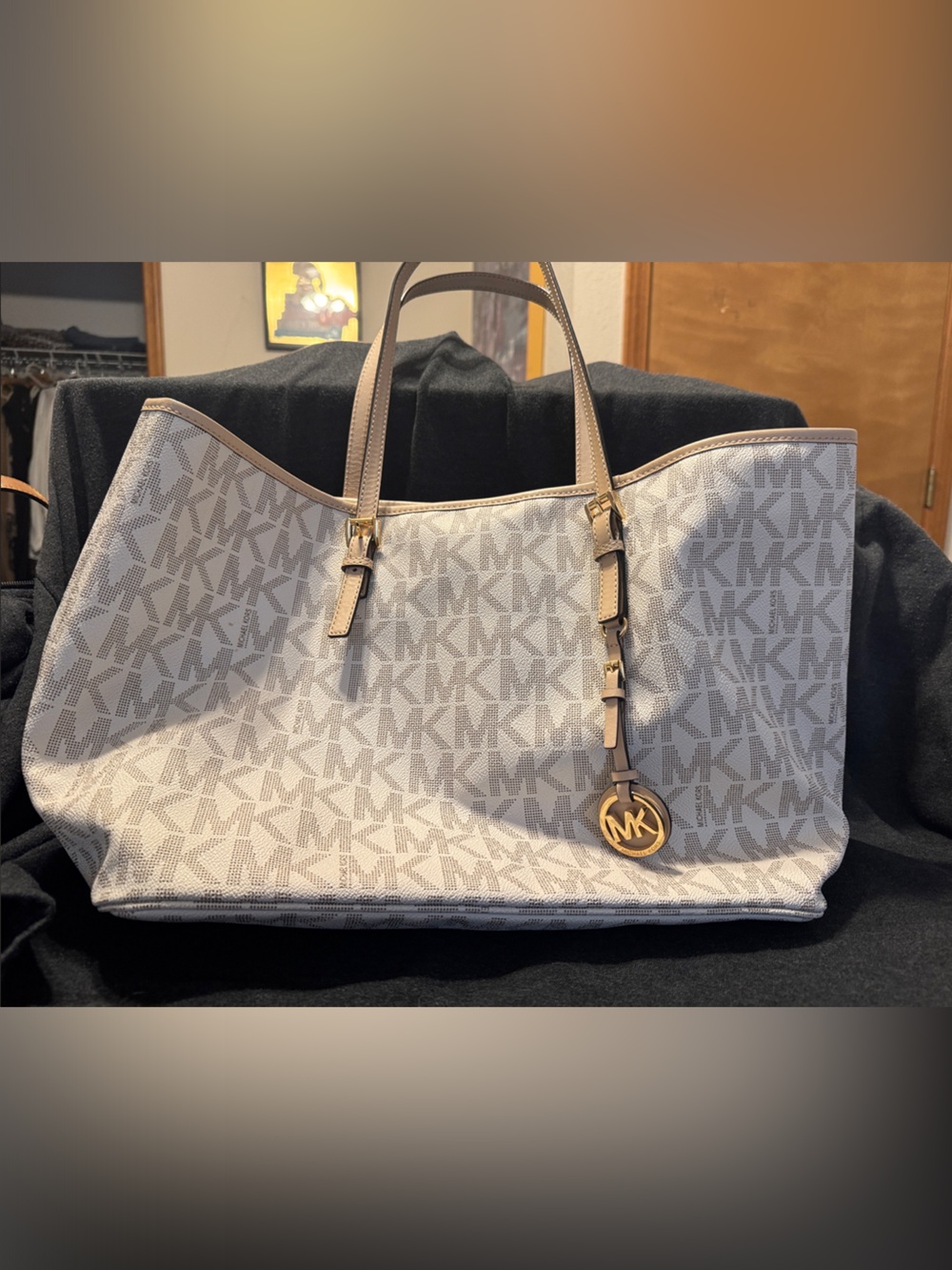 Michael Kors Cream and Tan Monogram Tote with Gold Charm